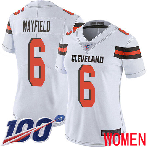 Cleveland Browns Baker Mayfield Women White Limited Jersey #6 NFL Football Road 100th Season Vapor Untouchable